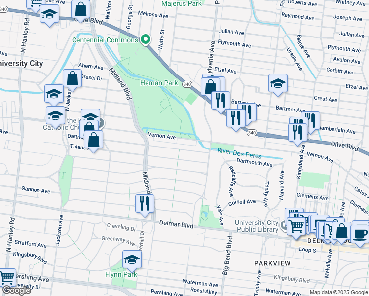 map of restaurants, bars, coffee shops, grocery stores, and more near 7049 Dartmouth Avenue in University City