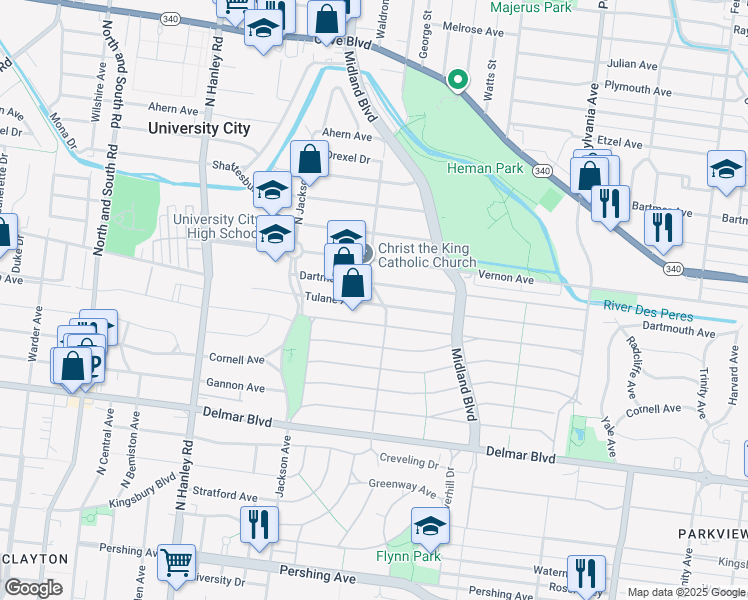 map of restaurants, bars, coffee shops, grocery stores, and more near 7323 Tulane Avenue in University City