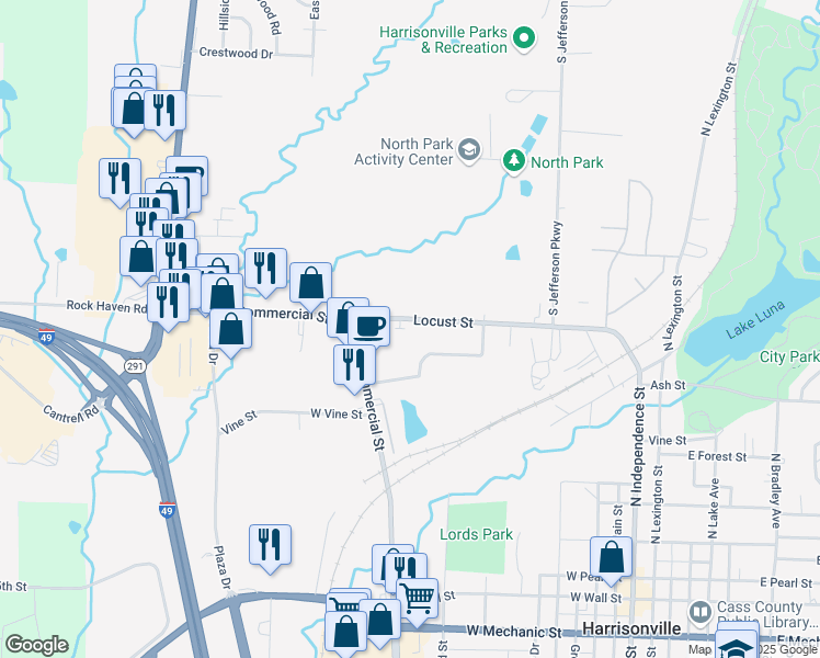 map of restaurants, bars, coffee shops, grocery stores, and more near 1009 Locust Street in Harrisonville