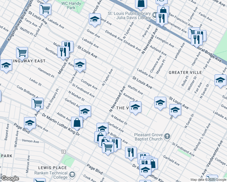map of restaurants, bars, coffee shops, grocery stores, and more near 4426 Kennerly Avenue in St. Louis