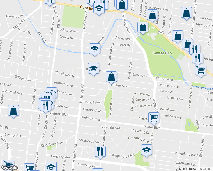 map of restaurants, bars, coffee shops, grocery stores, and more near 845 Jackson Avenue in University City