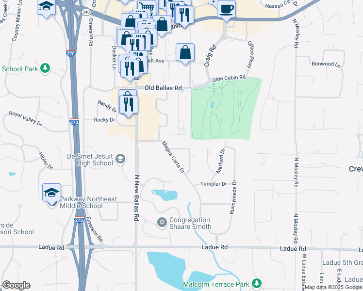 map of restaurants, bars, coffee shops, grocery stores, and more near 11617 Larkmont Drive in Creve Coeur