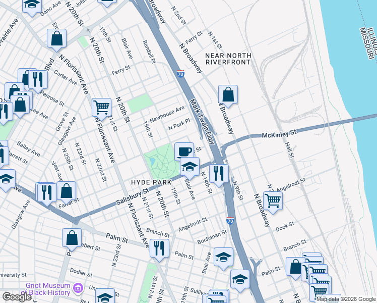 map of restaurants, bars, coffee shops, grocery stores, and more near 1407 Farrar Street in St. Louis