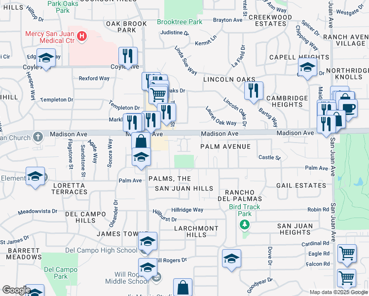 map of restaurants, bars, coffee shops, grocery stores, and more near 5368 Sablewood Lane in Fair Oaks