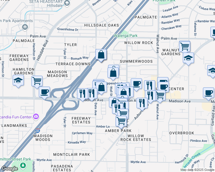 map of restaurants, bars, coffee shops, grocery stores, and more near 5241 Wall Street in Sacramento