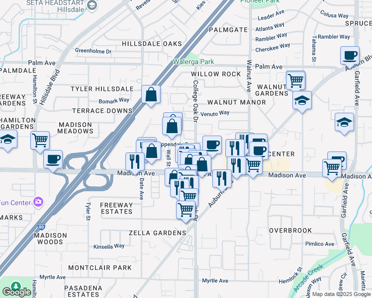 map of restaurants, bars, coffee shops, grocery stores, and more near 5249 College Oak Drive in Sacramento