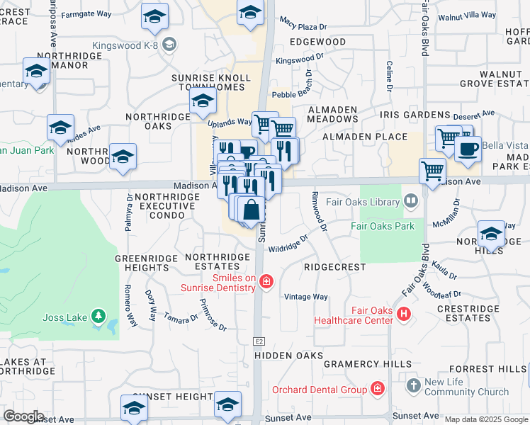 map of restaurants, bars, coffee shops, grocery stores, and more near 5312 Sunrise Boulevard in Fair Oaks