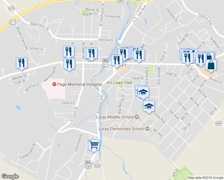map of restaurants, bars, coffee shops, grocery stores, and more near 8 Park Lane in Luray