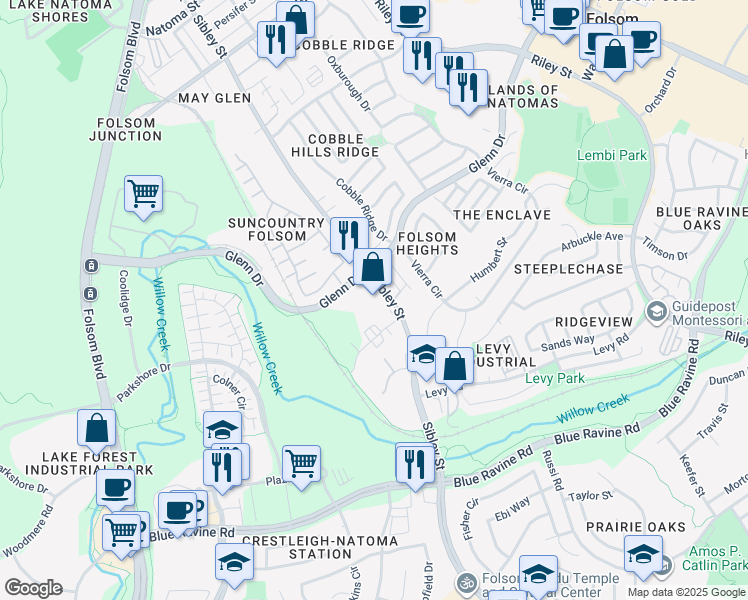 map of restaurants, bars, coffee shops, grocery stores, and more near 1128 Sibley Street in Folsom