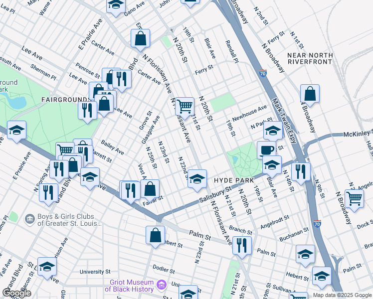 map of restaurants, bars, coffee shops, grocery stores, and more near 2146 Newhouse Avenue in St. Louis