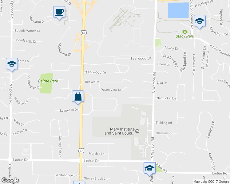 map of restaurants, bars, coffee shops, grocery stores, and more near 13 Haven View Drive in Creve Coeur