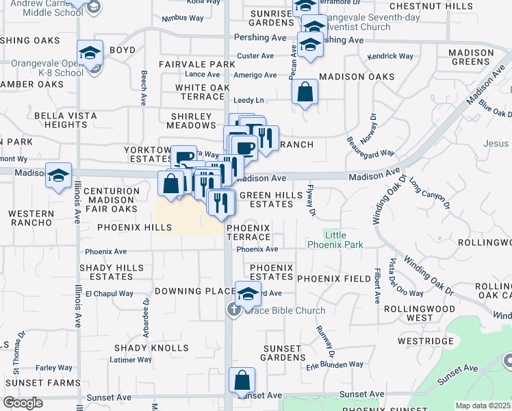 map of restaurants, bars, coffee shops, grocery stores, and more near 8922 Vincent Avenue in Fair Oaks