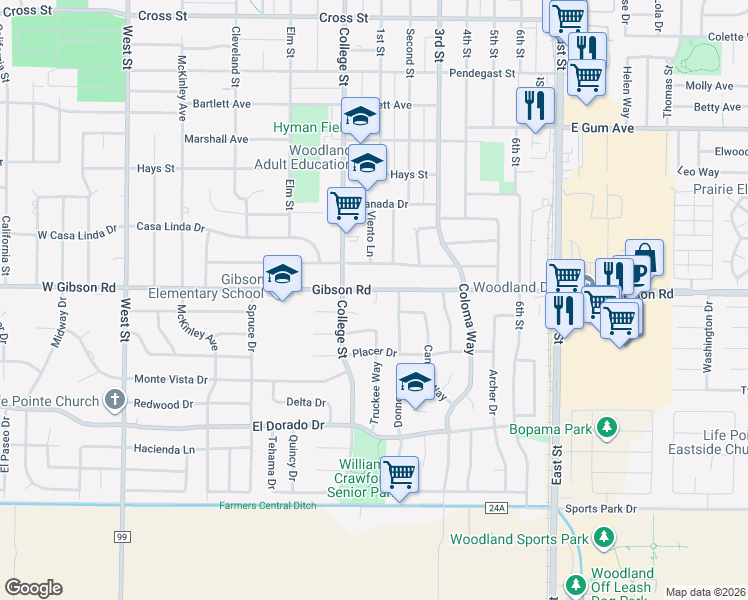 map of restaurants, bars, coffee shops, grocery stores, and more near 512 Gibson Road in Woodland