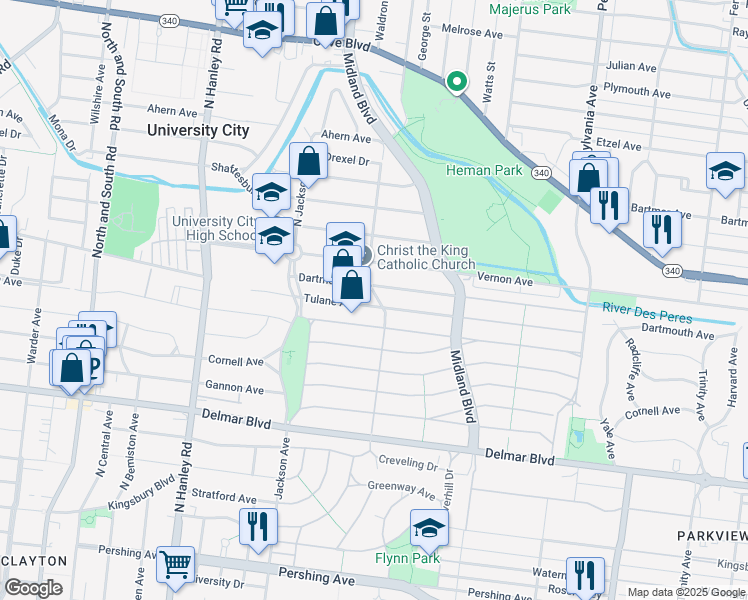 map of restaurants, bars, coffee shops, grocery stores, and more near 7323 Tulane Avenue in University City