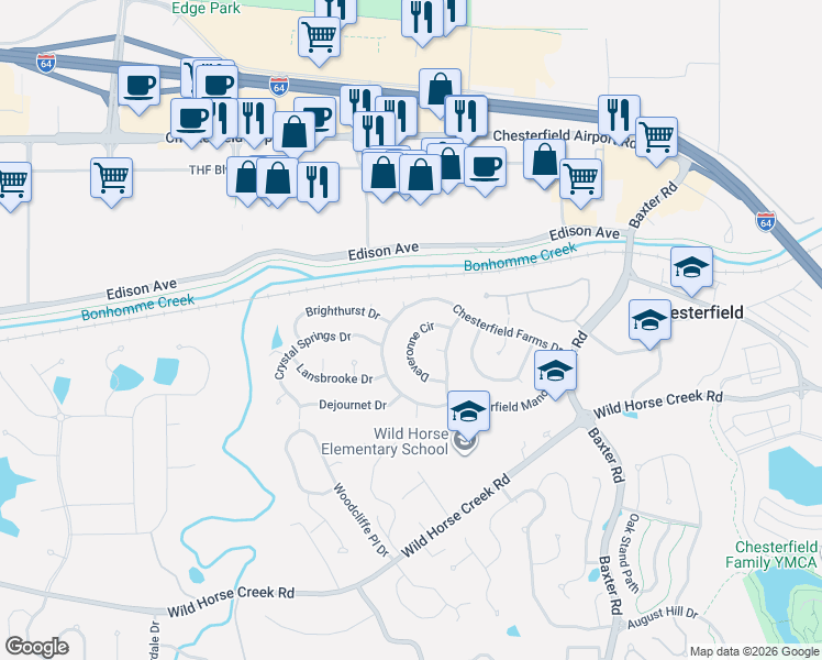 map of restaurants, bars, coffee shops, grocery stores, and more near 16727 Deveronne Circle in Chesterfield