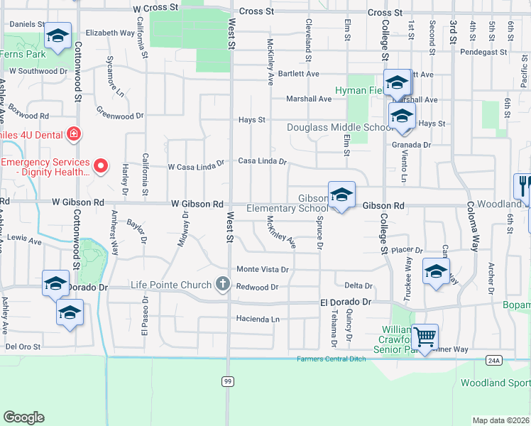 map of restaurants, bars, coffee shops, grocery stores, and more near 1306 McKinley Avenue in Woodland