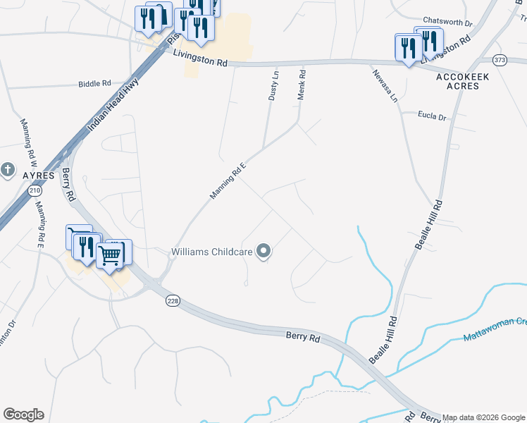 map of restaurants, bars, coffee shops, grocery stores, and more near 16503 Rolling Tree Road in Accokeek