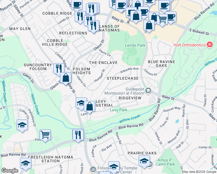 map of restaurants, bars, coffee shops, grocery stores, and more near 144 Casselman Street in Folsom