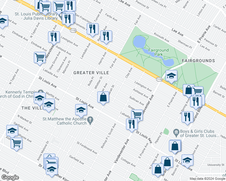 map of restaurants, bars, coffee shops, grocery stores, and more near 3120 North Sarah Street in St. Louis