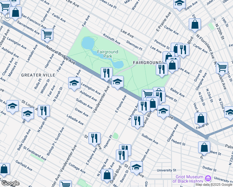 map of restaurants, bars, coffee shops, grocery stores, and more near 3836 Natural Bridge Avenue in St. Louis