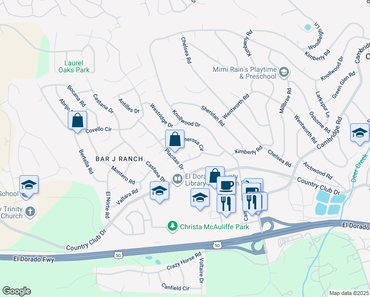 map of restaurants, bars, coffee shops, grocery stores, and more near 3498 Somera Court in Cameron Park