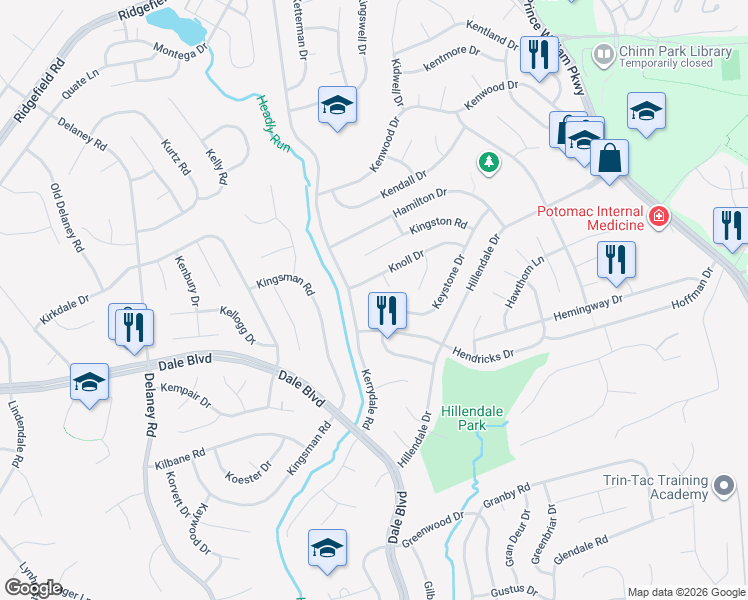 map of restaurants, bars, coffee shops, grocery stores, and more near 4532 Hazleton Drive in Woodbridge