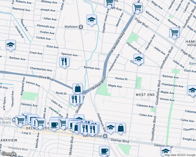 map of restaurants, bars, coffee shops, grocery stores, and more near 1019 North Skinker Boulevard in Saint Louis