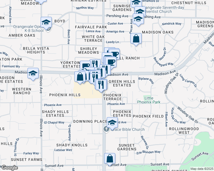 map of restaurants, bars, coffee shops, grocery stores, and more near 8902 Vincent Avenue in Fair Oaks