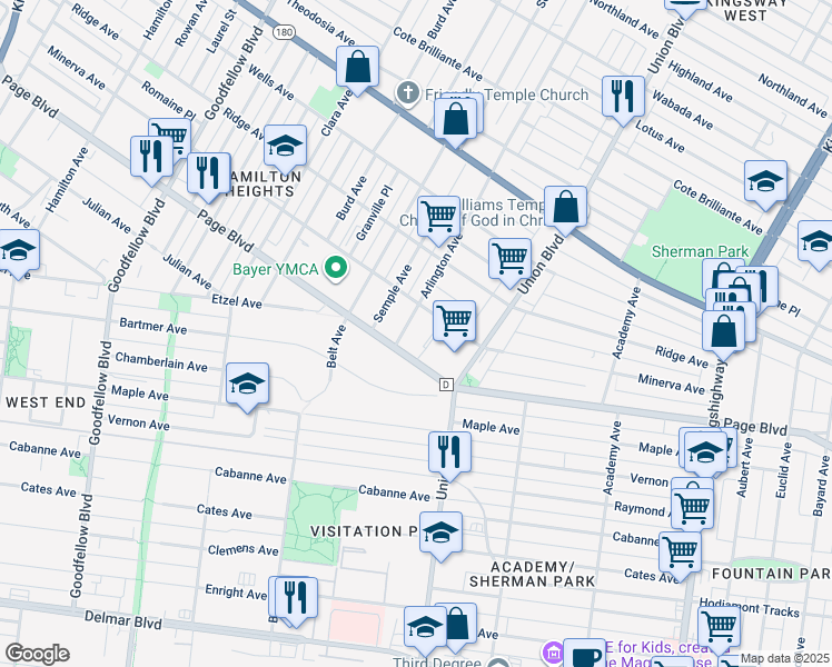 map of restaurants, bars, coffee shops, grocery stores, and more near 5351 Page Boulevard in St. Louis