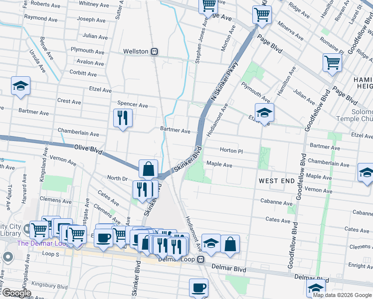map of restaurants, bars, coffee shops, grocery stores, and more near 1019 North Skinker Parkway in St. Louis