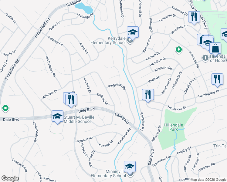 map of restaurants, bars, coffee shops, grocery stores, and more near 13404 Keating Drive in Woodbridge