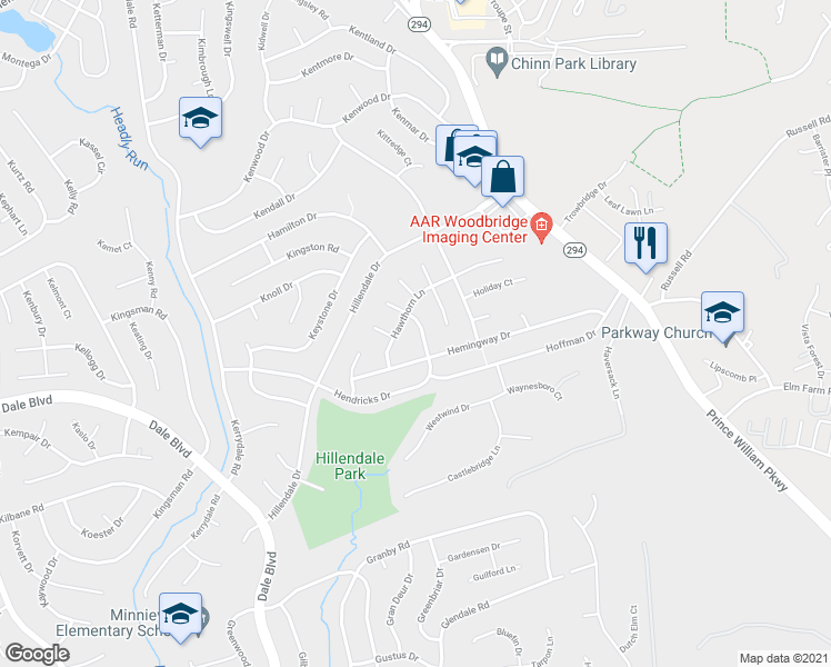 map of restaurants, bars, coffee shops, grocery stores, and more near 4313 Hendricks Drive in Woodbridge