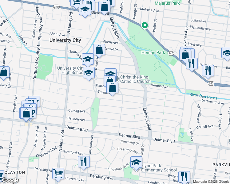 map of restaurants, bars, coffee shops, grocery stores, and more near 7323 Tulane Avenue in University City