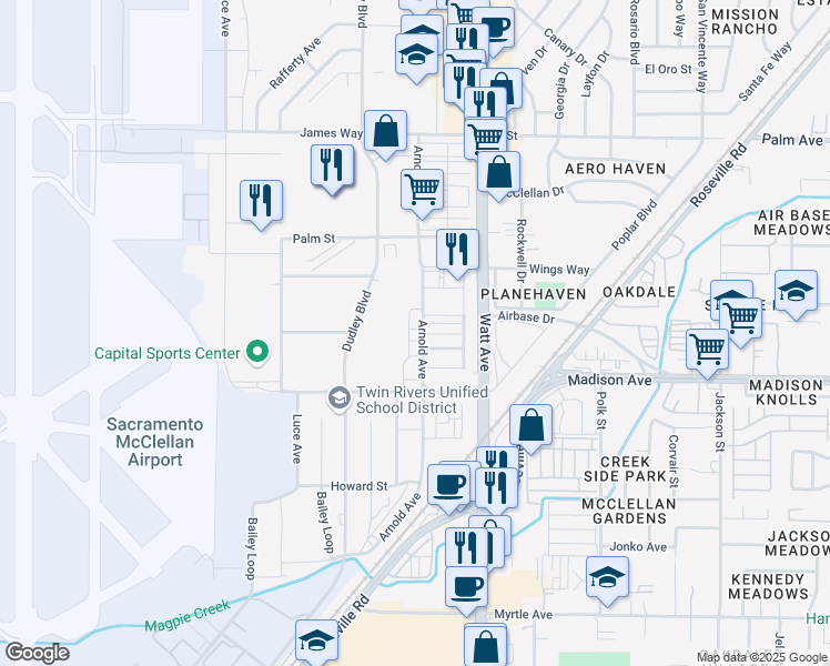 map of restaurants, bars, coffee shops, grocery stores, and more near 5241 Arnold Avenue in McClellan Park