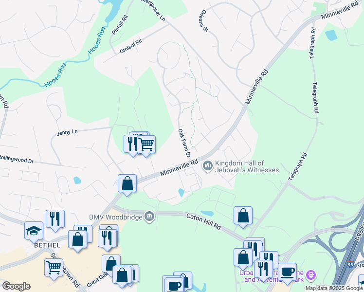 map of restaurants, bars, coffee shops, grocery stores, and more near 13220 Oak Farm Drive in Woodbridge