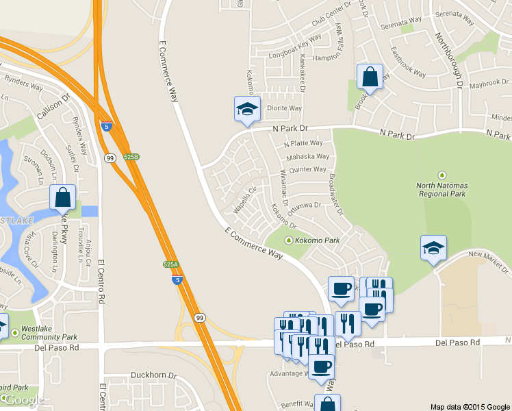map of restaurants, bars, coffee shops, grocery stores, and more near 4965 Madamin Way in Sacramento