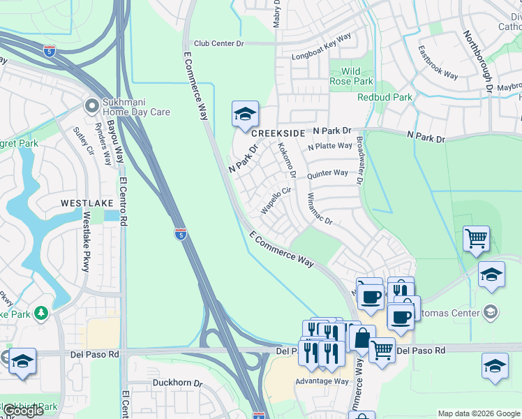 map of restaurants, bars, coffee shops, grocery stores, and more near 360 Wapello Circle in Sacramento