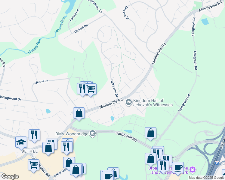 map of restaurants, bars, coffee shops, grocery stores, and more near 13220 Oak Farm Drive in Woodbridge