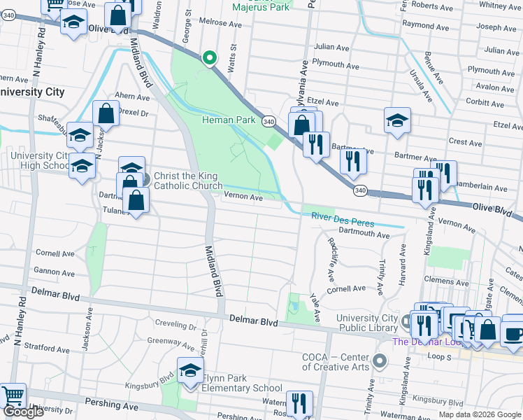 map of restaurants, bars, coffee shops, grocery stores, and more near 7049 Dartmouth Avenue in University City