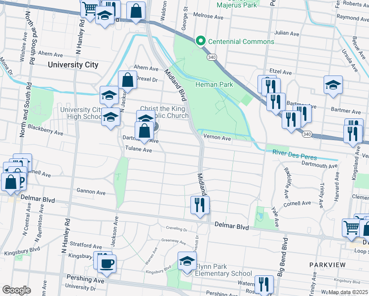 map of restaurants, bars, coffee shops, grocery stores, and more near 7224 Dartmouth Avenue in University City