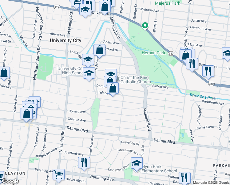 map of restaurants, bars, coffee shops, grocery stores, and more near 7323 Tulane Avenue in University City