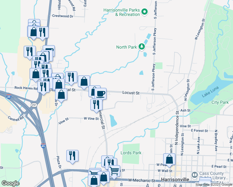 map of restaurants, bars, coffee shops, grocery stores, and more near 1009 Locust Street in Harrisonville