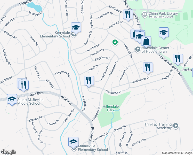 map of restaurants, bars, coffee shops, grocery stores, and more near 13314 Kelsey Court in Woodbridge