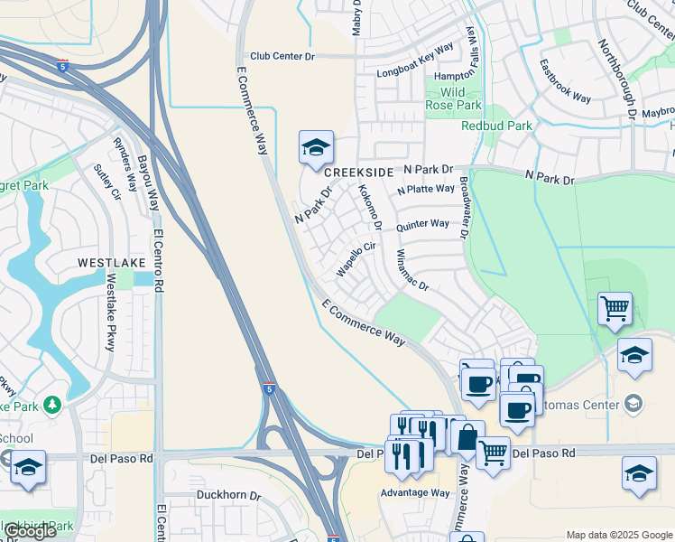 map of restaurants, bars, coffee shops, grocery stores, and more near 360 Wapello Circle in Sacramento