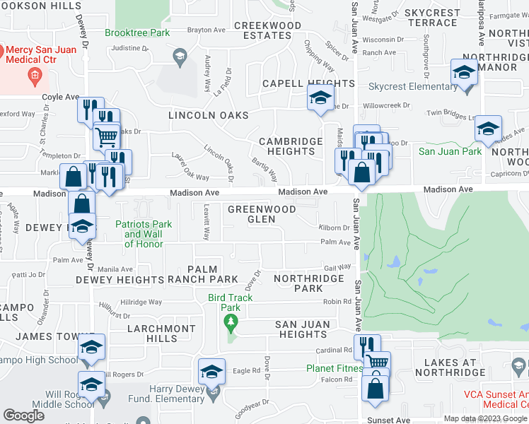 map of restaurants, bars, coffee shops, grocery stores, and more near 5341 Elsinore Way in Fair Oaks