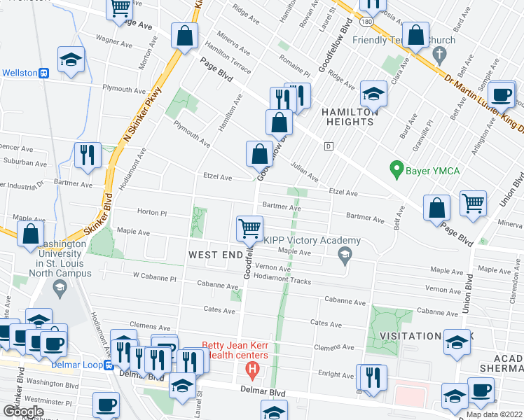 map of restaurants, bars, coffee shops, grocery stores, and more near 5748 Bartmer Avenue in St. Louis