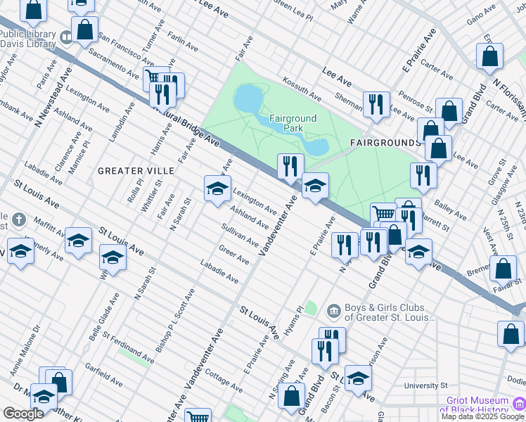 map of restaurants, bars, coffee shops, grocery stores, and more near 3932 Lexington Avenue in St. Louis
