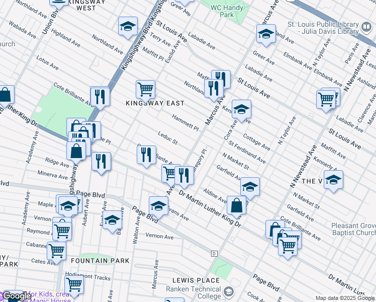 map of restaurants, bars, coffee shops, grocery stores, and more near 1743 Marcus Avenue in St. Louis