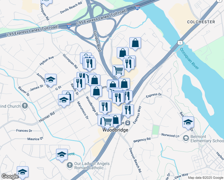 map of restaurants, bars, coffee shops, grocery stores, and more near 1105 Horner Road in Woodbridge