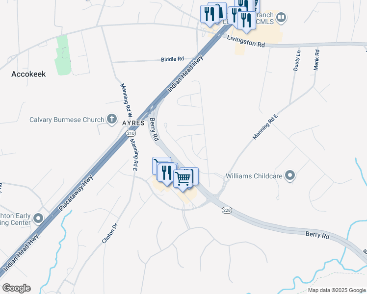 map of restaurants, bars, coffee shops, grocery stores, and more near 16516 Caribbean Way in Accokeek